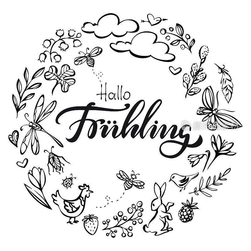 Hallo Fruehling (Hello spring in german language) wreath illustration